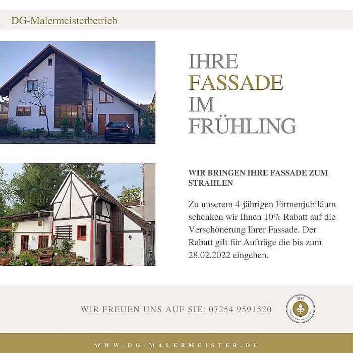 Aktionskachel: Ihre Fassade im Frühling, 10 Prozent Rabatt zum vierjährigen Firmenjubiläum