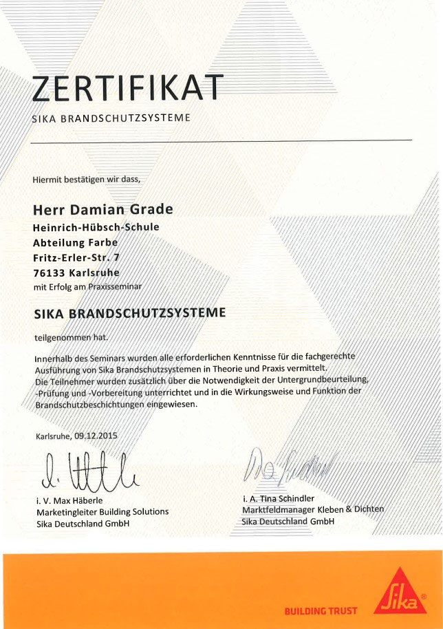 Zertifikat: Sika Brandschutzsysteme, Praxisseminar der Sika Deutschland GmbH, Karlsruhe 2015