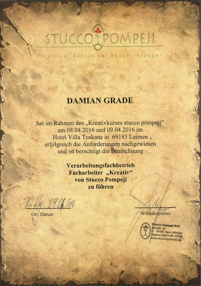 Zertifikat: Stucco Pompeji Kreativkurs 2016, Verarbeitungsfachbetrieb Facharbeiter Kreativ